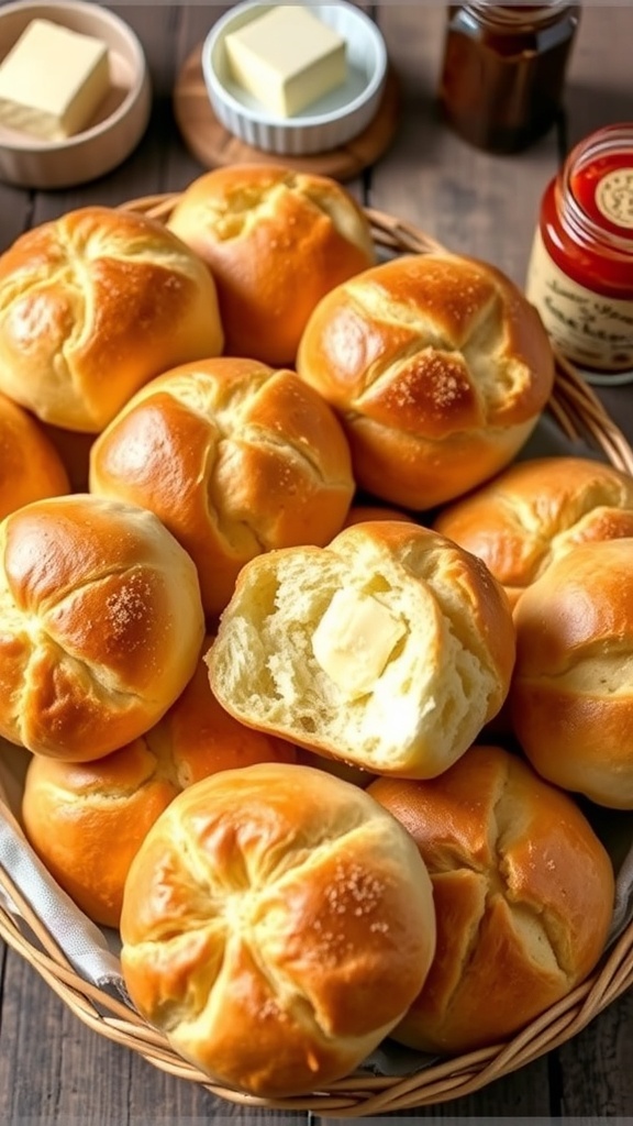Traditional Dutch Bread Rolls Recipe A basket of golden brown Dutch bread rolls with a dish of butter and jam on a rustic wooden table.